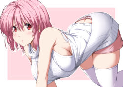 Rule 34 | 1girl, all fours, alternate costume, ass, bare shoulders, breasts, butt crack, highres, large breasts, looking at viewer, meme attire, nori tamago, pink background, pink hair, red eyes, saigyouji yuyuko, short hair, shorts, solo, sweater, thighhighs, touhou, virgin killer sweater, white background, white sweater, white thighhighs