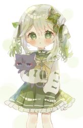Rule 34 | 1girl, :o, alternate hairstyle, animal, artist name, blush, bow, brooch, cat, commentary request, cross-shaped pupils, eyelashes, frilled shirt collar, frilled skirt, frilled sleeves, frills, genshin impact, gradient hair, green bow, green eyes, green hair, green ribbon, green sailor collar, green skirt, hair between eyes, hair bow, hair ornament, hair ribbon, highres, holding, holding animal, holding cat, jewelry, leaf hair ornament, long hair, long sleeves, looking at viewer, multicolored hair, multiple hair bows, nahida (genshin impact), neckerchief, open mouth, pleated skirt, puffy long sleeves, puffy sleeves, ribbon, sailor collar, sango (35sangosan), scaramouche (cat) (genshin impact), scaramouche (genshin impact), shirt, sidelocks, simple background, skirt, sleeves past fingers, sleeves past wrists, solo, symbol-shaped pupils, twintails, twitter username, white background, white hair, white shirt, yellow neckerchief