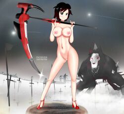 Rule 34 | 1girl, blas7hatvga, breasts, completely nude, exhibitionism, full body, highres, large breasts, monster, nipples, nude, planted, planted sword, planted weapon, public indecency, ruby rose, rwby, scythe, sword, weapon