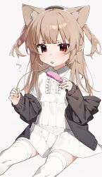 Rule 34 | 1girl, animal ears, black jacket, cat ears, cattail, collared dress, dress, feet out of frame, frills, highres, jacket, jacket partially removed, kemonomimi mode, light blush, light brown hair, long hair, nano (nan0ng), natori sana, parted lips, plant, red nails, sana channel, simple background, sitting, solo, thighhighs, two side up, virtual youtuber, white dress, white thighhighs