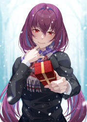 Rule 34 | 1girl, absurdres, black jacket, blush, box, breasts, fate/grand order, fate (series), gift, gift box, hair between eyes, highres, jacket, large breasts, long hair, long sleeves, looking at viewer, low twintails, mukunokino isshiki, outstretched arm, purple hair, red eyes, scarf, scathach (fate), smile, snow, solo, twintails