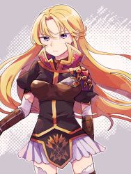 Rule 34 | 1girl, armor, bad id, bad pixiv id, blonde hair, breastplate, breasts, clarisse (fire emblem), cowboy shot, dress, elbow gloves, expressionless, fire emblem, fire emblem: new mystery of the emblem, fire emblem heroes, gloves, highres, long hair, looking at viewer, medium breasts, nintendo, purple background, purple eyes, short dress, simple background, solo, sushitarou, thighhighs, zettai ryouiki