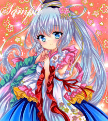 Rule 34 | 1girl, adapted costume, black headwear, blue eyes, blue skirt, closed mouth, detached sleeves, floral background, floral print, flower, frilled shirt, frilled sleeves, frills, grey hair, hair flower, hair ornament, hair ribbon, hands up, long hair, long sleeves, looking at viewer, marker (medium), mononobe no futo, pink flower, red ribbon, ribbon, rui (sugar3), sample watermark, shirt, side ponytail, skirt, sleeveless, sleeveless shirt, smile, solo, standing, touhou, traditional media, upper body, very long hair, watermark, white ribbon, white shirt, wide sleeves