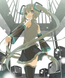 Rule 34 | 1girl, bad id, bad pixiv id, detached sleeves, female focus, from behind, hatsune miku, long hair, looking back, see-through, skirt, solo, thighhighs, twintails, very long hair, vocaloid, yamiko