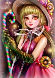 Rule 34 | 1girl, artist name, blonde hair, bubble, candy, candy cane, closed mouth, commentary, david mccartney, dress, elbow gloves, english commentary, engrish commentary, food, gloves, green gloves, hat, holding, holding candy, holding candy cane, lace, lace-trimmed gloves, lace trim, lips, long hair, neck ribbon, original, pink dress, pink eyes, pink lips, ribbon, sleeveless, sleeveless dress, solo, white ribbon