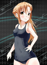 Rule 34 | 10s, 1girl, asuna (sao), bad id, bad pixiv id, bare shoulders, blush, braid, breasts, brown eyes, brown hair, closed mouth, covered navel, crown braid, dot nose, female focus, hand on own hip, houming, legs together, long hair, looking at viewer, one-piece swimsuit, school swimsuit, small breasts, smile, solo, standing, swimsuit, sword art online