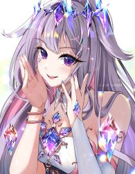 Rule 34 | 1girl, breasts, bridal gauntlets, collar, colored inner hair, detached collar, dress, grey hair, highres, holoadvent, hololive, hololive english, koseki bijou, koseki bijou (1st costume), lacia everlight, long hair, looking at viewer, multicolored hair, nail polish, open mouth, pink hair, purple eyes, purple nails, single bridal gauntlet, small breasts, smile, solo, teeth, upper teeth only, virtual youtuber, white bridal gauntlets, white collar, white dress