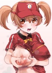 Rule 34 | 1girl, bad id, bad pixiv id, blush, breast hold, breasts, breasts squeezed together, brown eyes, brown hair, deep skin, employee uniform, fast food uniform, female focus, hataraku maou-sama!, highres, lactation, lactation through clothes, large breasts, looking at viewer, nipples, one breast out, open mouth, sasaki chiho, short hair, silly (marinkomoe), smile, solo, twintails, uniform, upper body, visor cap