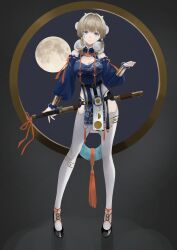 Rule 34 | absurdres, azimu yukita, bare shoulders, blonde hair, breasts, brown dust 2, cleavage cutout, clothing cutout, embroidery, hair ornament, highres, holding, holding sword, holding weapon, justia (brown dust), large breasts, long bangs, looking at viewer, moon, pelvic curtain, round window, scabbard, sheath, sheathed, short hair, small horns, sword, thighhighs, weapon, wide sleeves, window, wrist guards
