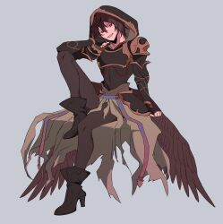 Rule 34 | 1boy, absurdres, armor, belt, bishounen, boots, breastplate, bright pupils, brown hair, brown wings, cape, commentary, elbow on knee, english commentary, evil grin, evil smile, granblue fantasy, grey background, grin, hair between eyes, hand on own face, high heel boots, high heels, highres, hip armor, hood, hood up, leg up, male focus, messy hair, nodplus50pts, partially shaded face, red eyes, sandalphon (granblue fantasy), shoulder armor, sitting, sketch, smile, solo focus, white pupils, wings