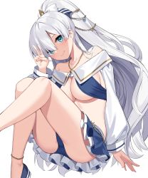 Rule 34 | 1girl, absurdres, anastasia (fate), anastasia (swimsuit archer) (fate), anastasia (swimsuit archer) (third ascension) (fate), ass, bare shoulders, bikini, blue bikini, blue eyes, blue footwear, blue skirt, breasts, cleavage, fate/grand order, fate (series), frilled skirt, frills, hand up, highres, jewelry, knees up, long hair, long sleeves, looking at viewer, medium breasts, midriff, miniskirt, necklace, off shoulder, ponytail, shoes, skirt, smile, solo, suiroh (shideoukami), swimsuit, thighs, v, very long hair, white hair