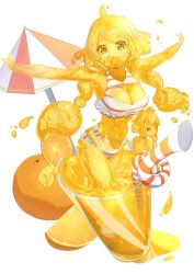 Rule 34 | 2girls, :d, bad id, bad pixiv id, bare shoulders, bikini, breasts, cleavage, cleavage cutout, clothing cutout, colored skin, crazy straw, cup, drinking straw, food, fruit, in container, in cup, juice, large breasts, long hair, monster girl, multiple girls, navel, open mouth, orange (fruit), orange hair, orange juice, orange skin, orange slice, original, short hair, slime (substance), slime girl, smile, smlltb, standing, striped bikini, striped clothes, swimsuit, twintails, umbrella, white background, yellow eyes