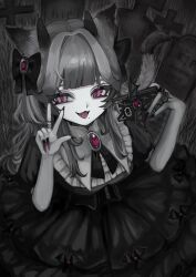 Rule 34 | 1girl, :3, animal ears, bat ornament, bow, brooch, cat ears, cat tail, cellphone, commentary, cowboy shot, demon horns, dress, english commentary, fang, fingernails, graveyard, greyscale, hair bow, hair intakes, hands up, highres, holding, holding phone, horns, jewelry, long fingernails, long hair, looking at viewer, mole, mole under mouth, monochrome, multiple rings, nail polish, open mouth, original, ornate ring, outdoors, phone, puffy short sleeves, puffy sleeves, purple eyes, purple nails, revision, ring, shiona (siona0625), short sleeves, smartphone, smile, solo, spot color, tail, tombstone, w