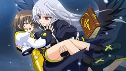 Rule 34 | black wings, book, brown hair, carrying, closed eyes, fingerless gloves, gloves, long hair, lyrical nanoha, mahou shoujo lyrical nanoha, mahou shoujo lyrical nanoha a&#039;s, mahou shoujo lyrical nanoha a&#039;s portable: the battle of aces, official art, open mouth, red eyes, reinforce, short hair, silver hair, smile, tome of the night sky, waist cape, wings, yagami hayate