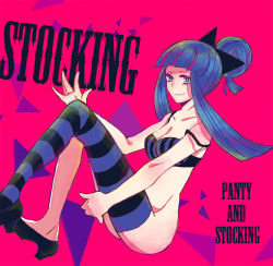 Rule 34 | 10s, 1girl, alternate hairstyle, bad id, bad pixiv id, bra, character name, hair up, multicolored hair, no panties, panty &amp; stocking with garterbelt, pink background, single thighhigh, solo, sso (sasara 05), stocking (psg), striped clothes, striped thighhighs, thighhighs, two-tone hair, underwear