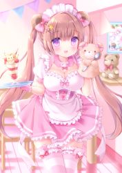 Rule 34 | 1girl, :d, animal ears, apron, bear ears, blurry, blurry background, blush, bow, breasts, brown hair, chair, circle skirt, cleavage, commentary request, depth of field, frilled apron, frilled skirt, frilled thighhighs, frills, hair between eyes, hair bow, hair ornament, hairclip, hand puppet, heart, highres, holding, holding spoon, holding tray, indoors, light brown hair, long hair, looking at viewer, maid, maid headdress, medium breasts, open mouth, original, parfait, pennant, pink bow, pink skirt, pleated skirt, puffy short sleeves, puffy sleeves, puppet, purple eyes, shelf, shirt, short sleeves, sidelocks, skirt, smile, solo, spoon, standing, star (symbol), star hair ornament, string of flags, striped clothes, striped thighhighs, stuffed animal, stuffed toy, table, teddy bear, thighhighs, tray, twintails, very long hair, waist apron, white apron, white shirt, wooden floor, x hair ornament, yume kawaii, yuyuko (yuyucocco)
