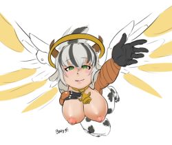 Rule 34 | 1girl, animal print, bad id, bad tumblr id, bell, breasts, cleavage, collar, cow girl, cow horns, cow print, crossover, green eyes, halo, hanging breasts, holstaur (monster girl encyclopedia), horns, large breasts, mechanical halo, mercy (overwatch), monster girl encyclopedia, neck bell, nipples, overwatch, overwatch 1, signature, silver hair, simple background, solo, spicy bardo, white background, wings, yellow wings