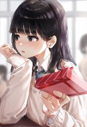 Rule 34 | 1girl, bandaid, bandaid on hand, black hair, blue necktie, blurry, blurry background, blush, brown eyes, brown sweater, collared shirt, commentary request, elbow rest, gift, hair behind ear, head rest, highres, holding, holding gift, incoming gift, kurokuro illust, long sleeves, looking to the side, medium hair, necktie, open mouth, original, school uniform, shirt, solo focus, striped necktie, sweater, upper body, valentine, white shirt