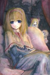 Rule 34 | 1girl, aki minoriko, alice margatroid, blonde hair, blue eyes, blush, bow, capelet, color ink (medium), couch, curtains, doll, dress, female focus, hair bow, hourai doll, indoors, light smile, looking at viewer, night, peeking out, shanghai doll, short hair, sitting, solo, sugai, tareme, touhou, traditional media, window