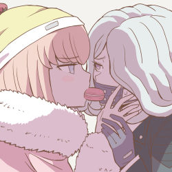 Rule 34 | 2girls, ando ruruka, closed eyes, commentary request, danganronpa (series), danganronpa 3 (anime), food, food in mouth, from side, fur collar, fur trim, gloves, hand up, jacket, kimura seiko, looking at another, lowres, mask, mouth mask, multiple girls, namu (nurui cha), profile, purple gloves, sharing food, short hair, simple background, sweatdrop, upper body, yellow headwear, yuri