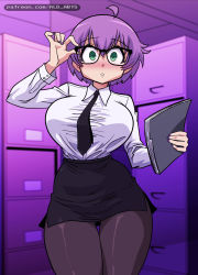 Rule 34 | 1girl, ald arts, blush, breasts, glasses, green eyes, highres, large breasts, legs, looking at viewer, necktie, office lady, open mouth, purple hair, short hair, skirt, solo, thick thighs, thighs, yukino akaihi