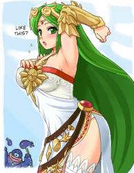 Rule 34 | armor, armpits, blush, breasts, crown, dress, eggplant, eggplant wizard, english text, green eyes, green hair, hard-translated, hat, jewelry, kid icarus, konpeto, large breasts, long hair, lots of jewelry, lowres, nintendo, palutena, pendant, thighhighs, third-party edit, tiara, translated, very long hair