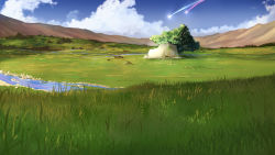 Rule 34 | 10s, advarcher, cloud, cloudy sky, comet, commentary request, day, grass, highres, kimi no na wa., mountain, no humans, river, scenery, sky, tree