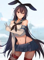 Rule 34 | 1girl, bare shoulders, black hair, blue skirt, blush, breasts, closed mouth, collarbone, cosplay, cowboy shot, elbow gloves, gloves, highres, kantai collection, kasumi (skchkko), large breasts, long hair, looking at viewer, miniskirt, nagato (kancolle), navel, outdoors, pleated skirt, red eyes, sakura ayane, shimakaze (kancolle), shimakaze (kancolle) (cosplay), skirt, smile, solo, striped clothes, striped thighhighs, thighhighs, thong, voice actor connection