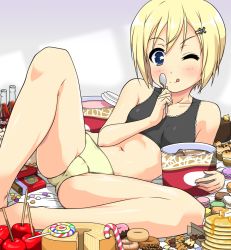 Rule 34 | 1girl, :q, ;q, bare shoulders, barefoot, blonde hair, blue eyes, blush, butter, cake, cameltoe, candy, coca-cola, doughnut, erica hartmann, food, hair ornament, hairclip, ice cream, k10k, lying, navel, on side, one eye closed, pancake, panties, pastry, short hair, smile, solo, spoon, spread legs, strike witches, syrup, tongue, tongue out, underwear, wink, world witches series, yellow panties