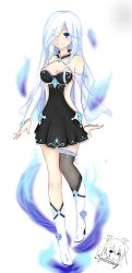 Rule 34 | 1girl, absurdres, asymmetrical legwear, bad id, bad twitter id, black dress, blue eyes, blue fire, breasts, cape, commentary, diamond (gemstone), dress, english commentary, eyes visible through hair, fire, full body, hair over one eye, highres, long hair, looking at viewer, md5 mismatch, medium breasts, original, resolution mismatch, self-upload, short dress, signature, smile, solo, source smaller, spleeny, standing, uneven legwear, very long hair, white footwear, white hair, yue kiyomi (spleeny)
