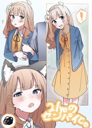 Rule 34 | !, 1girl, :o, ?, absurdres, aged up, ahoge, animal ear fluff, animal ears, arm hug, blue cardigan, blue eyes, blush, brown hair, buttons, cardigan, cat ears, commentary request, dot nose, dress, fake animal ears, fang, flat chest, flower, grey background, hair flower, hair ornament, hairband, highres, idolmaster, idolmaster million live!, long hair, long sleeves, looking at viewer, meeeeeeco359, multiple views, open cardigan, open clothes, open mouth, orange dress, red ribbon, ribbon, sidelocks, skin fang, smile, spoken exclamation mark, squiggle, suou momoko, sweat, teeth, translation request, upper teeth only, wavy hair, wing collar, yellow hairband