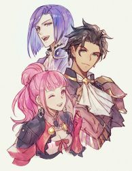 Rule 34 | 1girl, 2boys, alternate costume, alternate hairstyle, armor, armored dress, ascot, black hair, breasts, claude von riegan, closed mouth, clothing cutout, commentary request, cropped torso, dark-skinned male, dark skin, dress, fire emblem, fire emblem: three houses, fire emblem warriors, fire emblem warriors: three hopes, gloves, green eyes, hair bun, hilda valentine goneril, looking at another, looking away, lorenz hellman gloucester, matching hair/eyes, medium breasts, mochimillet, multiple boys, nintendo, official alternate costume, official alternate hairstyle, one eye closed, open mouth, pink dress, pink eyes, pink gloves, pink hair, purple eyes, purple hair, short hair, shoulder armor, single hair bun, smile, white ascot, wink