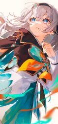 Rule 34 | 1girl, black hairband, blue pupils, commentary, english commentary, firefly (honkai: star rail), floating hair, grey hair, hair between eyes, hair intakes, hairband, highres, honkai: star rail, honkai (series), jacket, long hair, long sleeves, neckerchief, open mouth, orange neckerchief, simple background, smile, solo, srro yo, two-tone eyes, white background