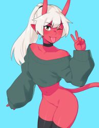 Rule 34 | 1girl, ;p, artist name, bottomless, breasts, collarbone, colored skin, demon girl, demon tail, hand up, highres, horns, leaning forward, li (rob ishi), looking at viewer, navel, one eye closed, original, pointy ears, ponytail, red skin, rob ishi, small breasts, smile, tail, thighhighs, tongue, tongue out, v, white hair