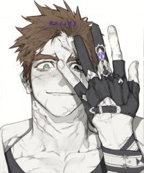 Rule 34 | 1boy, black eyes, brown hair, gloves, green eyes, hand over face, hand up, heterochromia, looking at viewer, male focus, original, partially fingerless gloves, pigeon666, portrait, scar, scar across eye, scar on face, scar on neck, short hair, smile, solo, veins