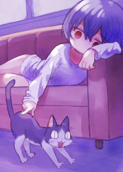 Rule 34 | 1girl, animal, blush, cat, closed mouth, couch, lying, on couch, on side, original, purple hair, red eyes, saxyun, shirt, short hair, surprised, white shirt, window