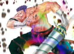 Rule 34 | 1boy, abs, absurdres, alternate pectoral size, bandaged arm, bandages, bara, bruise, caladbolg (fate), closed mouth, closed eyes, fate/grand order, fate (series), feet out of frame, fergus mac roich (fate), fighting stance, grin, highres, holding, holding polearm, holding weapon, injury, large pectorals, long sideburns, male focus, muscular, muscular male, nipples, open mouth, pectorals, polearm, purple hair, rainbow, scar, scar on chest, short hair, sideburns, smile, solo, stomach, topless male, undercut, weapon, yudama (blackdragonmy)