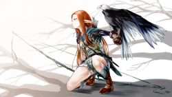 Rule 34 | 1girl, arm rest, arrow (projectile), bad id, bad pixiv id, bird, boots, bow (weapon), breasts, eagle, elf, geppewi, gloves, long hair, original, pointy ears, quill, shorts, smile, solo, squatting, weapon