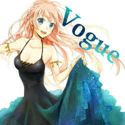 Rule 34 | 1girl, aqua nails, armlet, bare shoulders, black dress, blue eyes, breasts, cleavage, dress, earrings, jewelry, large breasts, long hair, megurine luka, nail polish, open mouth, pink hair, smile, solo, vocaloid, vogue (vocaloid), yunco, yuzuki kihiro