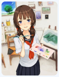 Rule 34 | 1girl, 96tuki, :d, art brush, bad id, bad pixiv id, blue eyes, blush, brown hair, chair, collarbone, easel, holding, indoors, long hair, looking at viewer, open mouth, original, paint can, paintbrush, painting (action), painting (object), palette (object), school uniform, serafuku, short sleeves, skirt, smile, solo, twintails
