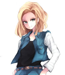Rule 34 | 1girl, android 18, aqua eyes, belt, blonde hair, dragon ball, dragon ball z, dragonball z, earrings, jewelry, looking at viewer, short hair, smile, solo, suirerien, vest, white background
