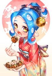 Rule 34 | 1girl, :o, back bow, black bow, blonde hair, blue hair, blush, bow, cowboy shot, eating, flower, food, forehead, from below, hair bow, hair flower, hair ornament, hair stick, highres, holding, holding food, japanese clothes, kimono, leaning forward, long hair, long sleeves, looking at viewer, looking up, nintendo, obi, octoling, octoling girl, octoling player character, open mouth, ponytail, print kimono, red kimono, sash, solo, splatoon (series), tareme, teeth, tentacle hair, wide sleeves, yamagishi chihiro