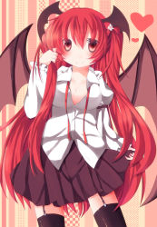 Rule 34 | 1girl, absurdres, bad id, bad pixiv id, breasts, demon wings, female focus, head wings, heart, highres, koakuma, large breasts, long hair, red eyes, red hair, shirt, solo, thighhighs, touhou, very long hair, wings, y chan6262, yucchan (drizzle star)