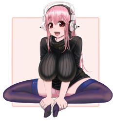 Rule 34 | 1girl, bad id, bad pixiv id, blush, bottomless, breasts, canpy, feet, holding with feet, hands on feet, headphones, large breasts, long hair, looking at viewer, nitroplus, no shoes, open mouth, red eyes, smile, solo, super sonico, sweater, thighhighs