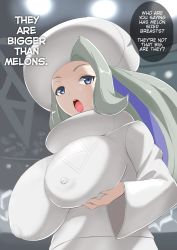 Rule 34 | 1girl, absurdres, blue eyes, breasts, covered erect nipples, creatures (company), english text, eyelashes, fur hat, game freak, green hair, gym leader, hat, highres, huge breasts, impossible clothes, light, long hair, makoto daikichi, mature female, melony (pokemon), multicolored hair, nintendo, open mouth, pokemon, pokemon swsh, purple hair, scarf, shirt, solo, speech bubble, streaked hair, teeth, tongue, upper teeth only, white hat, white scarf, white shirt, wide sleeves