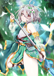 Rule 34 | 1girl, :o, absurdres, ahoge, antenna hair, arm up, bare shoulders, breasts, detached sleeves, dress, elf, flower, groin, hair between eyes, hair flower, hair ornament, highres, holding, holding weapon, kokkoro (princess connect!), leg up, long sleeves, looking at viewer, parted lips, pointy ears, princess connect!, red eyes, short hair, signature, silver hair, sleeveless, solo, takemura kou, thighs, weapon, white flower