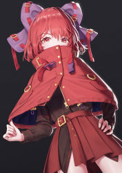 Rule 34 | 1girl, black background, black shirt, bow, capelet, commentary request, cowboy shot, hair between eyes, hair bow, hand on own hip, high collar, highres, long sleeves, looking at viewer, miniskirt, pleated skirt, purple bow, red capelet, red eyes, red hair, red skirt, sekibanki, shirt, short hair, simple background, skirt, solo, standing, torinari (dtvisu), touhou