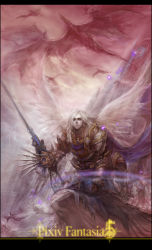Rule 34 | 1boy, absurdres, angel wings, architecture, armor, blue eyes, border, building, chain, chang, clock, clock tower, dragon, fantasy, full armor, highres, long hair, magic, magic circle, male focus, pixiv fantasia, pixiv fantasia 5, silver hair, solo, spikes, tower, weapon, white wings, wings
