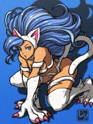 Rule 34 | 1girl, all fours, animal ears, animal hands, big hair, blue background, blue eyes, blue hair, breasts, cat ears, cat girl, cat tail, claws, cleavage, commentary request, drop shadow, felicia (vampire), fingernails, full body, kneeling, long hair, looking at viewer, medium breasts, parted lips, partial commentary, pink nails, seal impression, sharp fingernails, sharp toenails, simple background, solo, tail, tan, tanabanata, toenails, vampire (game), very long hair, white fur, white tail