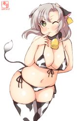 Rule 34 | 1girl, alternate costume, animal ears, animal print, antenna hair, artist logo, bell, bikini, breasts, commentary request, cow ears, cow horns, cow print, cow tail, cowbell, dated, ear tag, fake animal ears, fake horns, front-tie top, green eyes, grey hair, highres, horns, kanon (kurogane knights), kantai collection, kinugasa (kancolle), kinugasa kai ni (kancolle), large breasts, leaning forward, medium hair, navel, one-hour drawing challenge, side-tie bikini bottom, simple background, solo, swimsuit, tail, thighhighs, white background, white bikini, white thighhighs